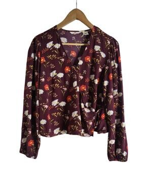 Levi's Burgundy Blouse Vibrant Daisy Flower Print Wrap Style Front Size Large